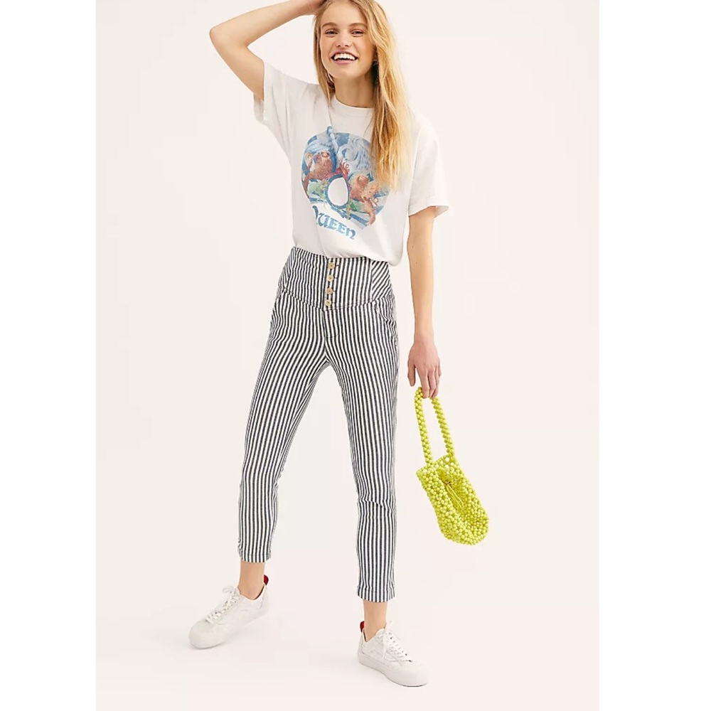 Free People Frankie High Waisted Striped Ankle Cropped Slim Pants size 0